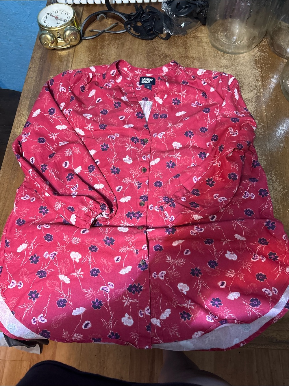 Lands' End Pink-Red Floral Button-Front Blouse
